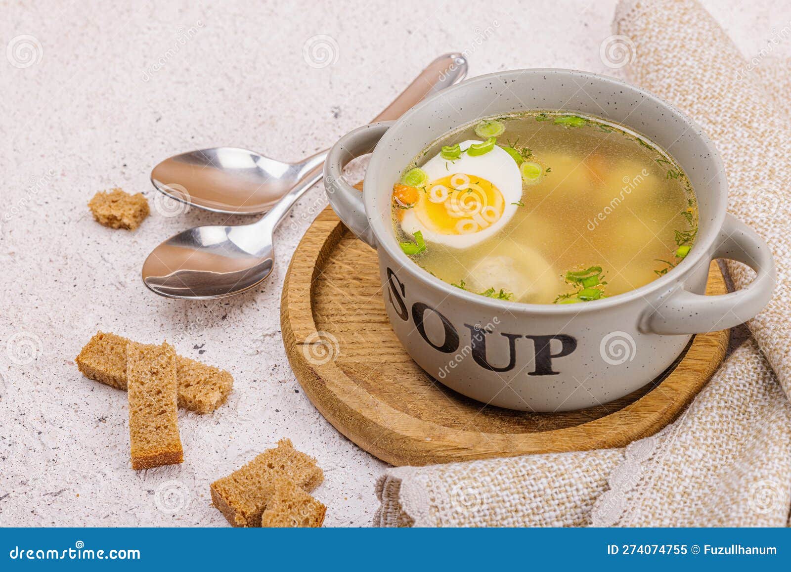 Meatball Soup with Boiled Egg, Ditalini Pasta, Vegetables and Fresh