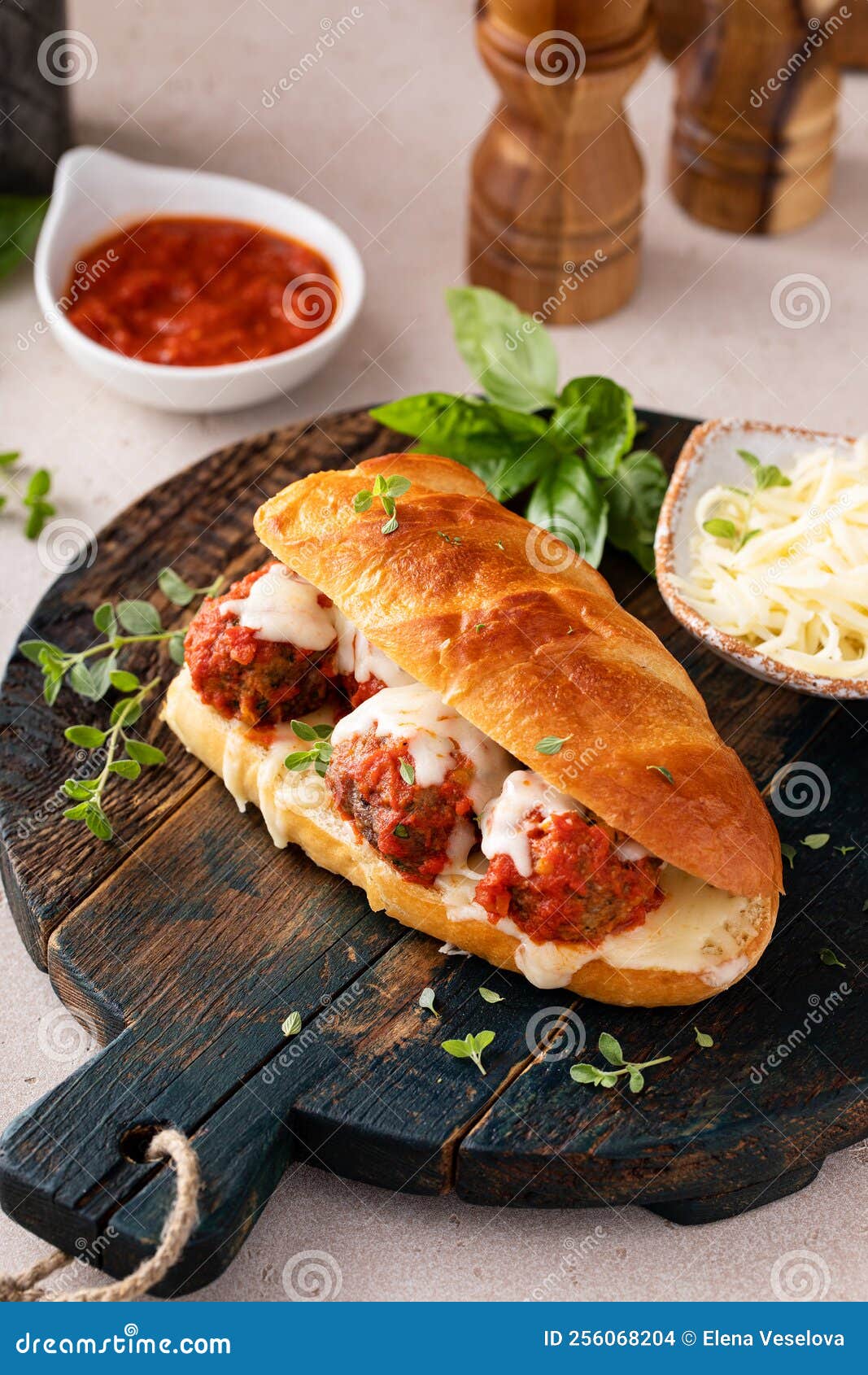 Meatball Sub Sandwich with Marinara and Mozzarella Stock Photo Image