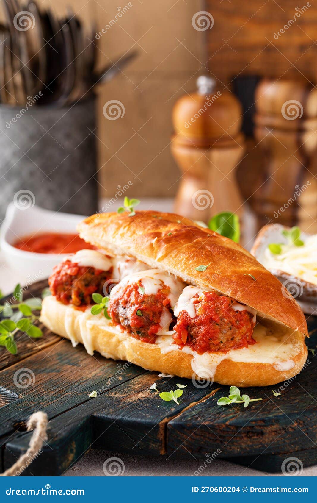 Meatball Sub Sandwich with Marinara and Mozzarella Stock Photo Image
