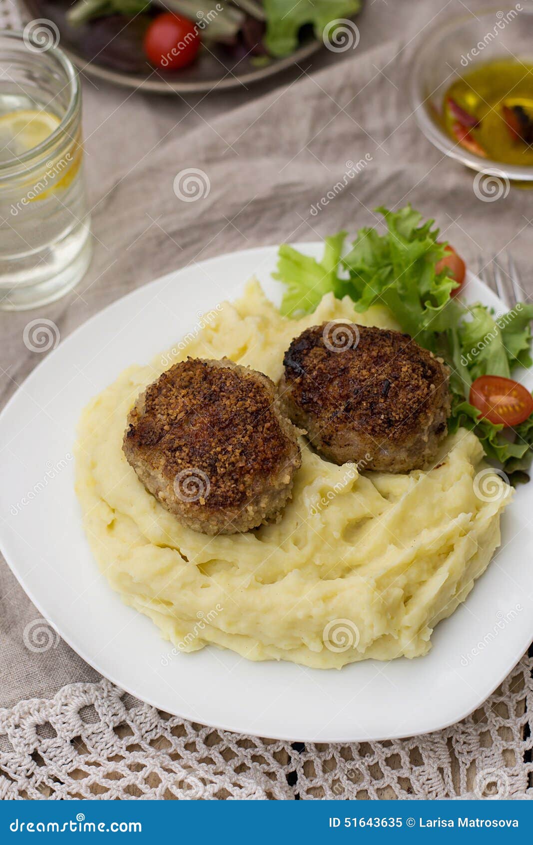 Meatballs Cutlets with Mashed Potatoes and Salad Stock Image Image of