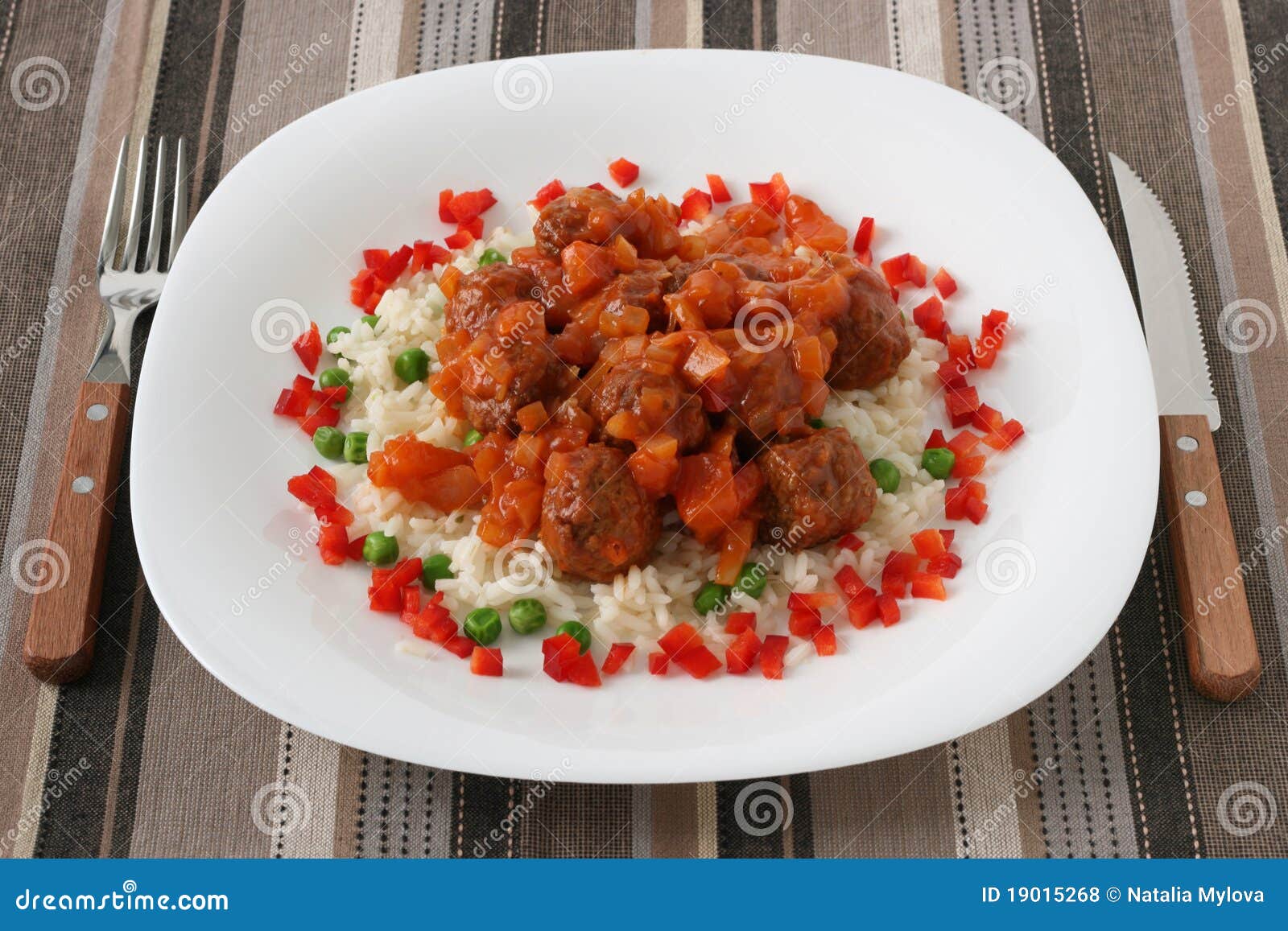 Meatballs with Sauce and Rice Stock Photo Image of dinner, onion