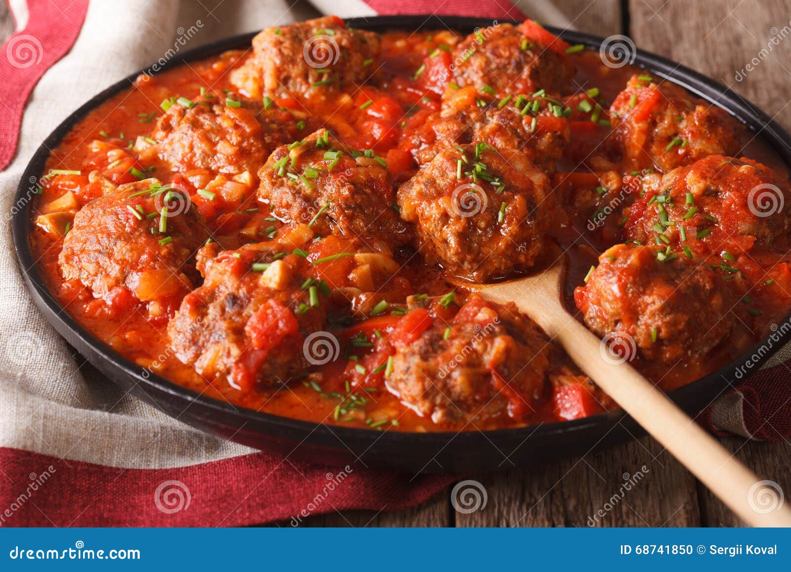 Meatballs with Spicy Tomato Sauce on a Dish Closeup. Horizontal Stock