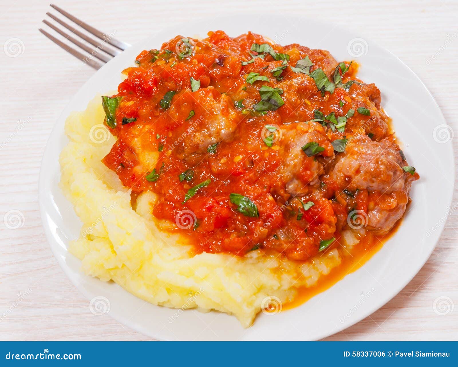 Meatballs in Tomato Sauce with Mashed Potato Stock Photo Image of