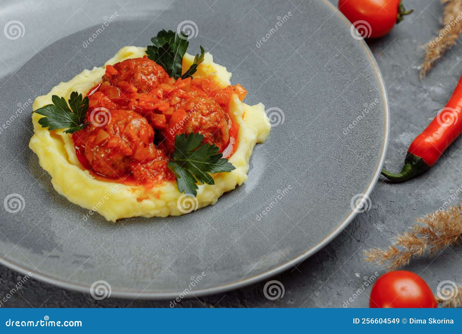 Meatballs in Tomato Sauce with Mashed Potato on the White Plate, Top