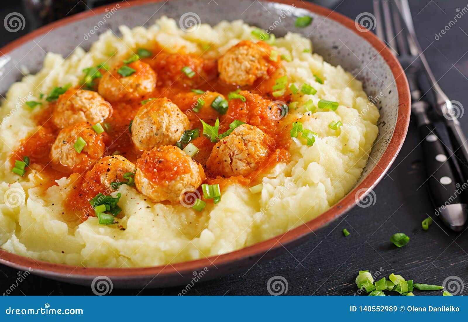 Meatballs in Tomato Sauce with Mashed Potatoes in Bowl Stock Image