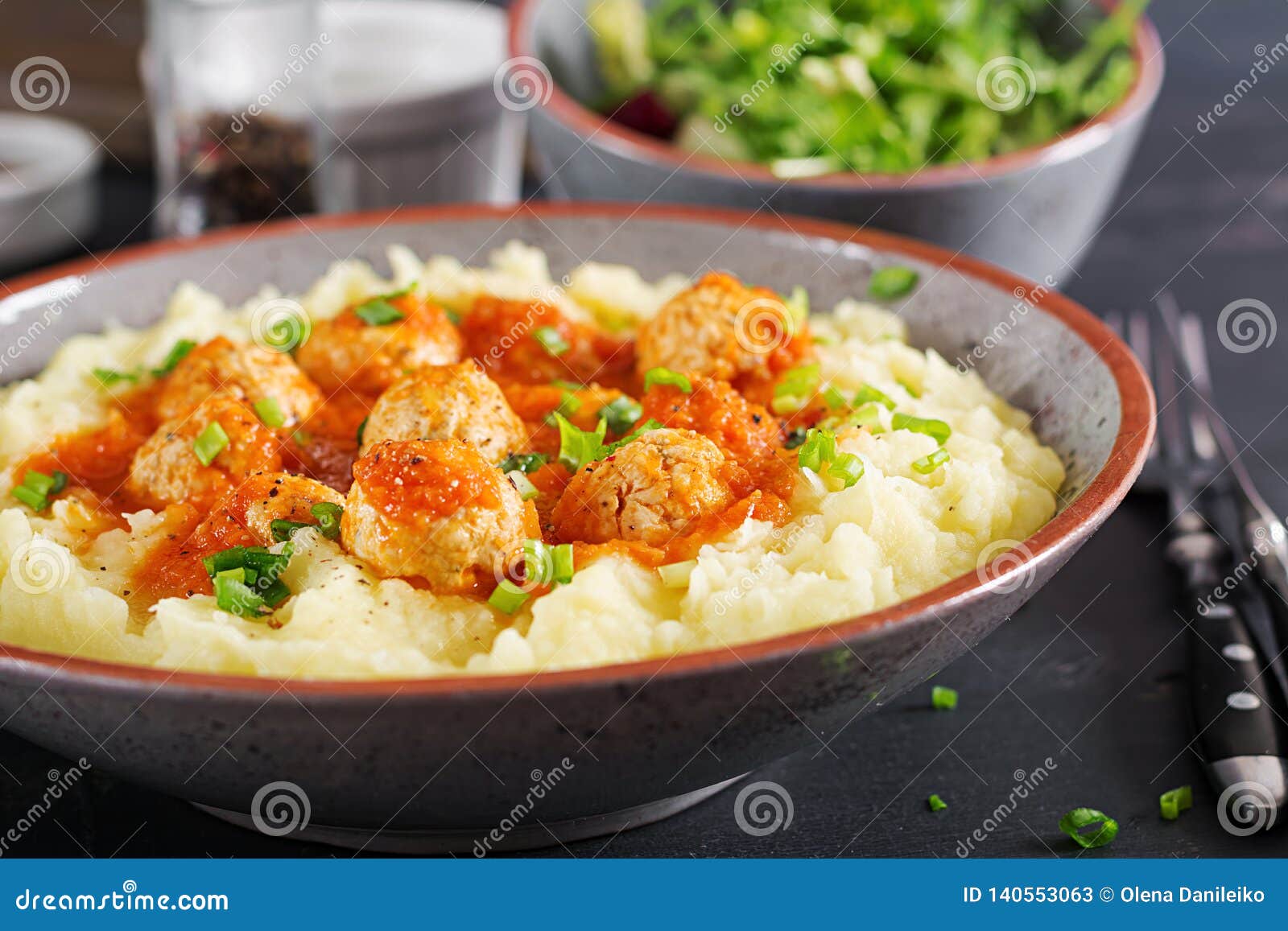 Meatballs in Tomato Sauce with Mashed Potatoes in Bowl Stock Image