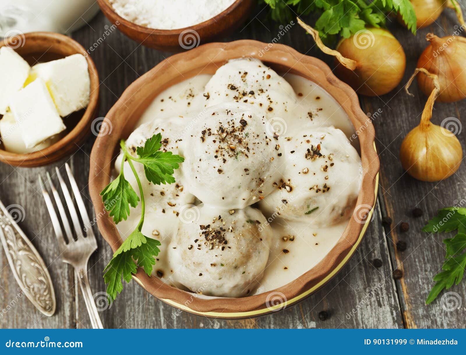Meatballs in white sauce stock image. Image of bechamel 90131999