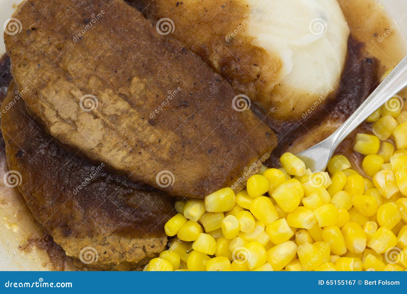 Meatloaf with Gravy Potatoes and Corn TV Dinner Closeup Stock Image