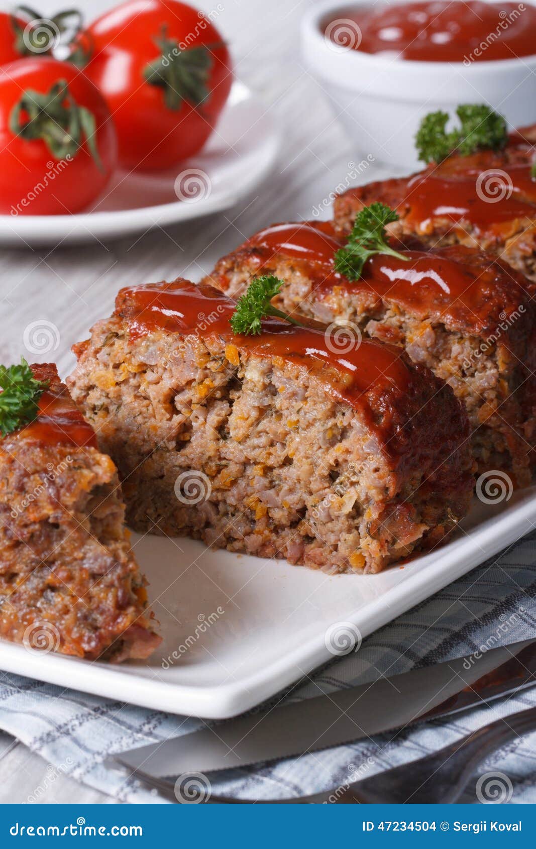Meatloaf with Ketchup Closeup, Vertical Stock Photo Image of