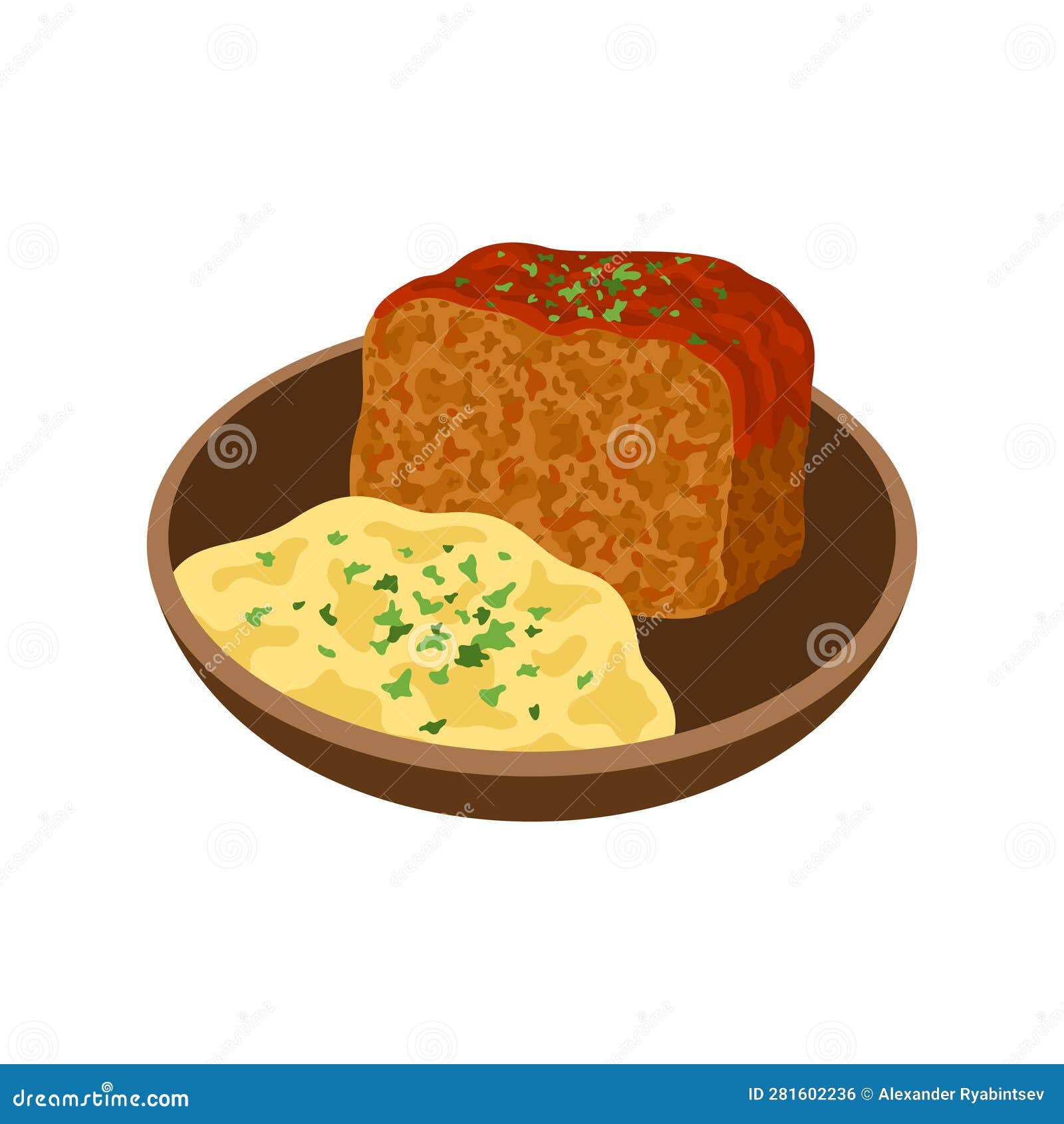 Meatloaf with Mashed Potato on Plate Vector Illustration Stock Vector