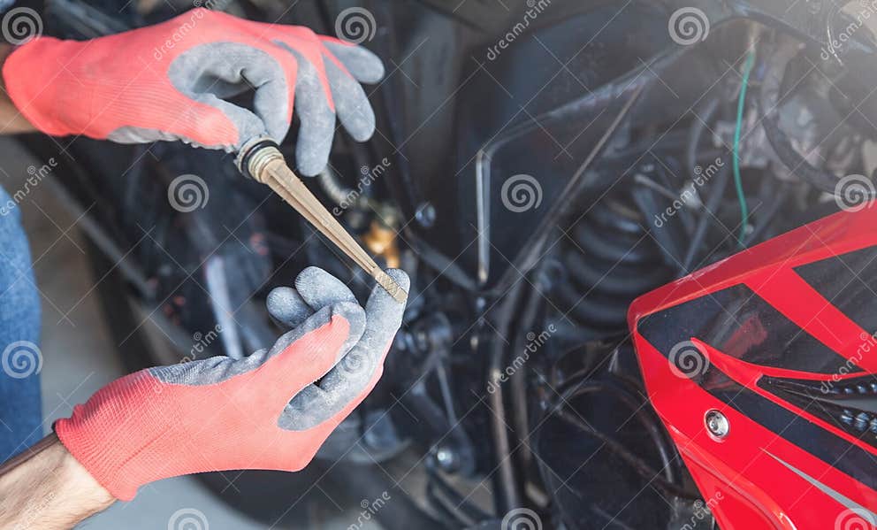 Mechanic Checking the Motorcycle Engine Oil Level Stock Image Image