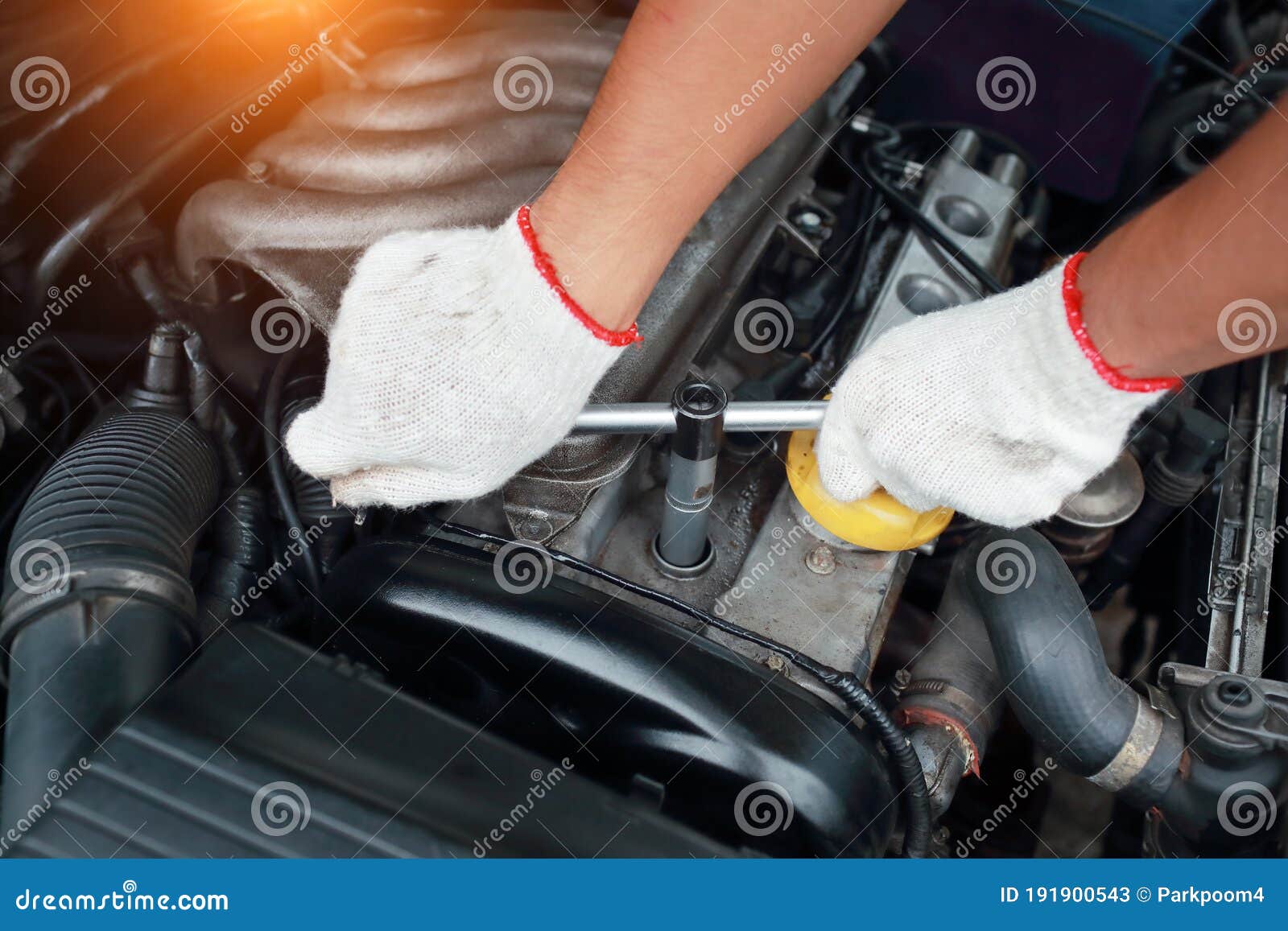 Mechanic Hands Do Maintenance and Checking Old Car Engine Stock Image