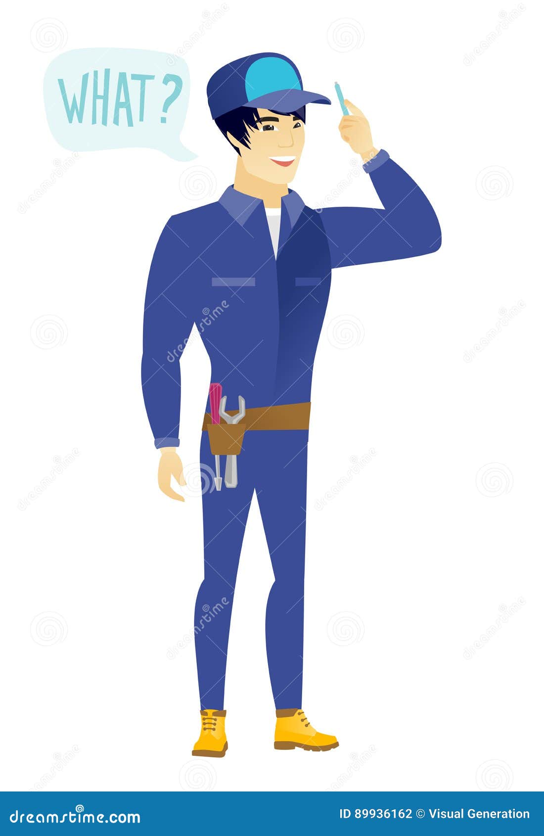 Mechanic with Question What in Speech Bubble. Stock Vector