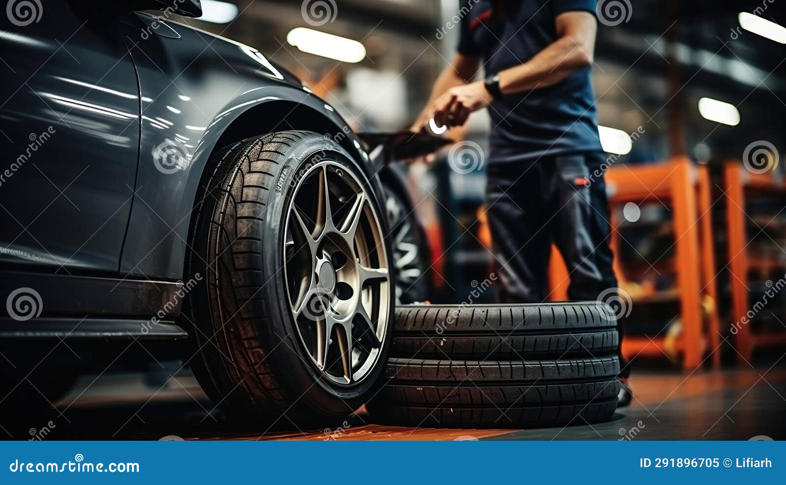Mechanic Service Changing Tires and Wheels with Professional Service. Generative AI Stock