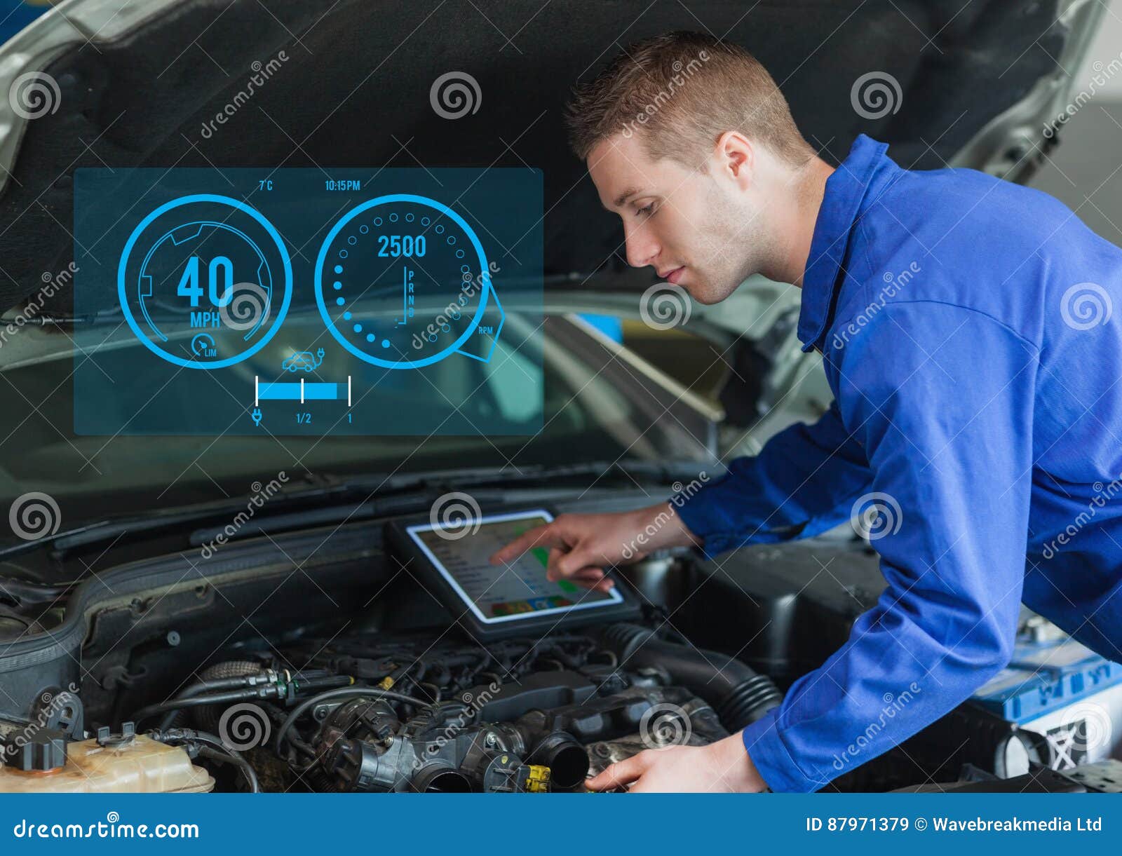 Mechanic Using Digital Tablet while Working Against Car Mechanics