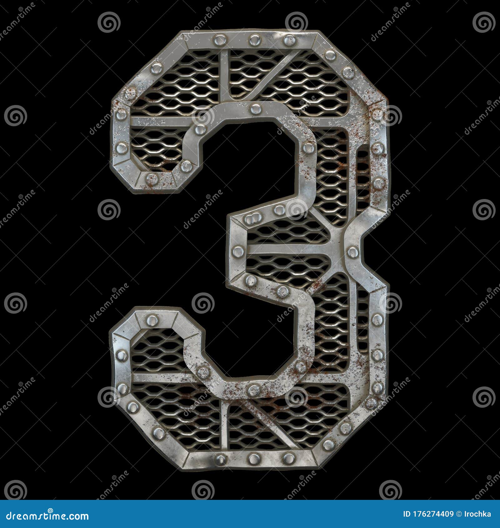 mechanical alphabet made from rivet metal with gears on black background. number 3. 3d
