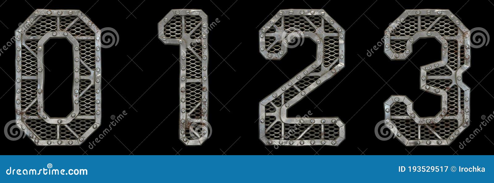 mechanical alphabet made from rivet metal with gears on black background. set of numbers 0, 1, 2, 3. 3d