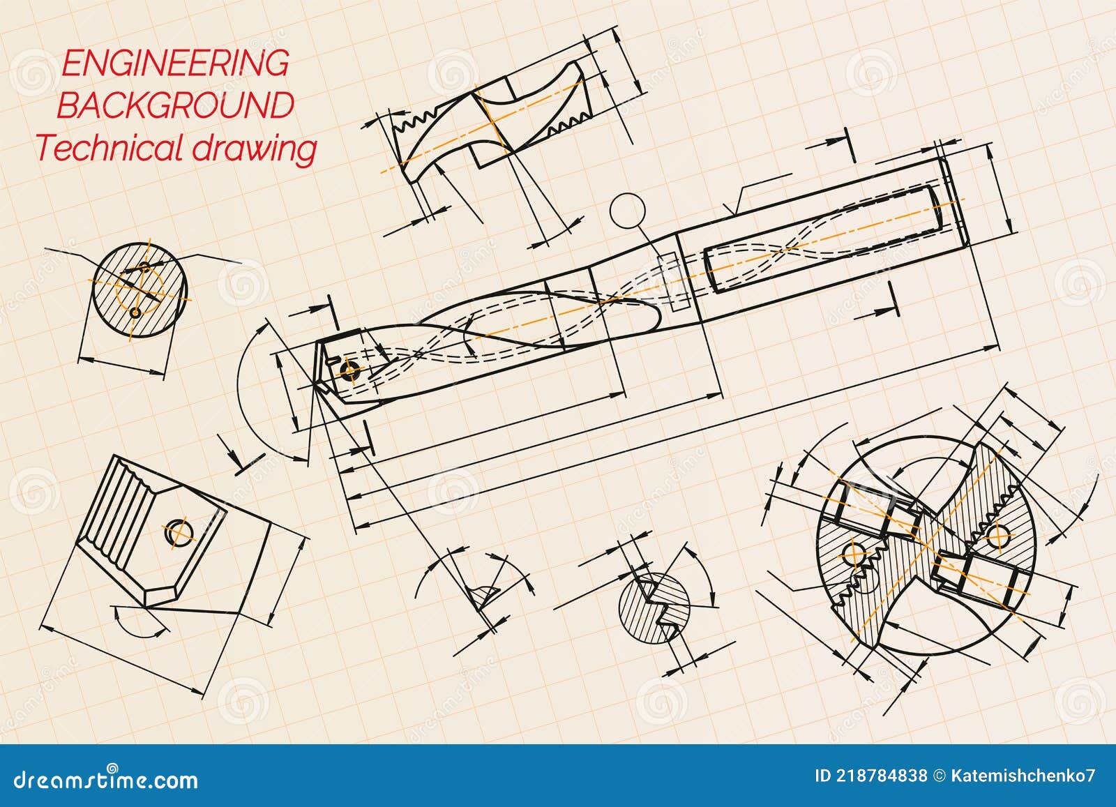 Mechanical Engineering Drawings on Blue Background. Drill Tools, Borer