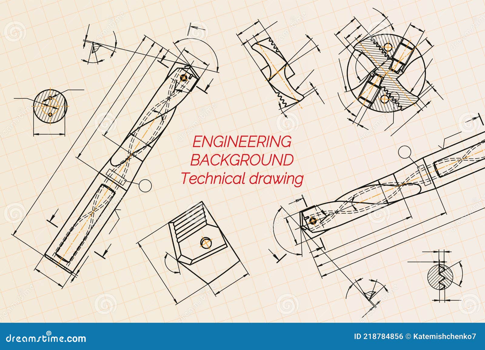 Mechanical Engineering Drawings on Blue Background. Drill Tools, Borer