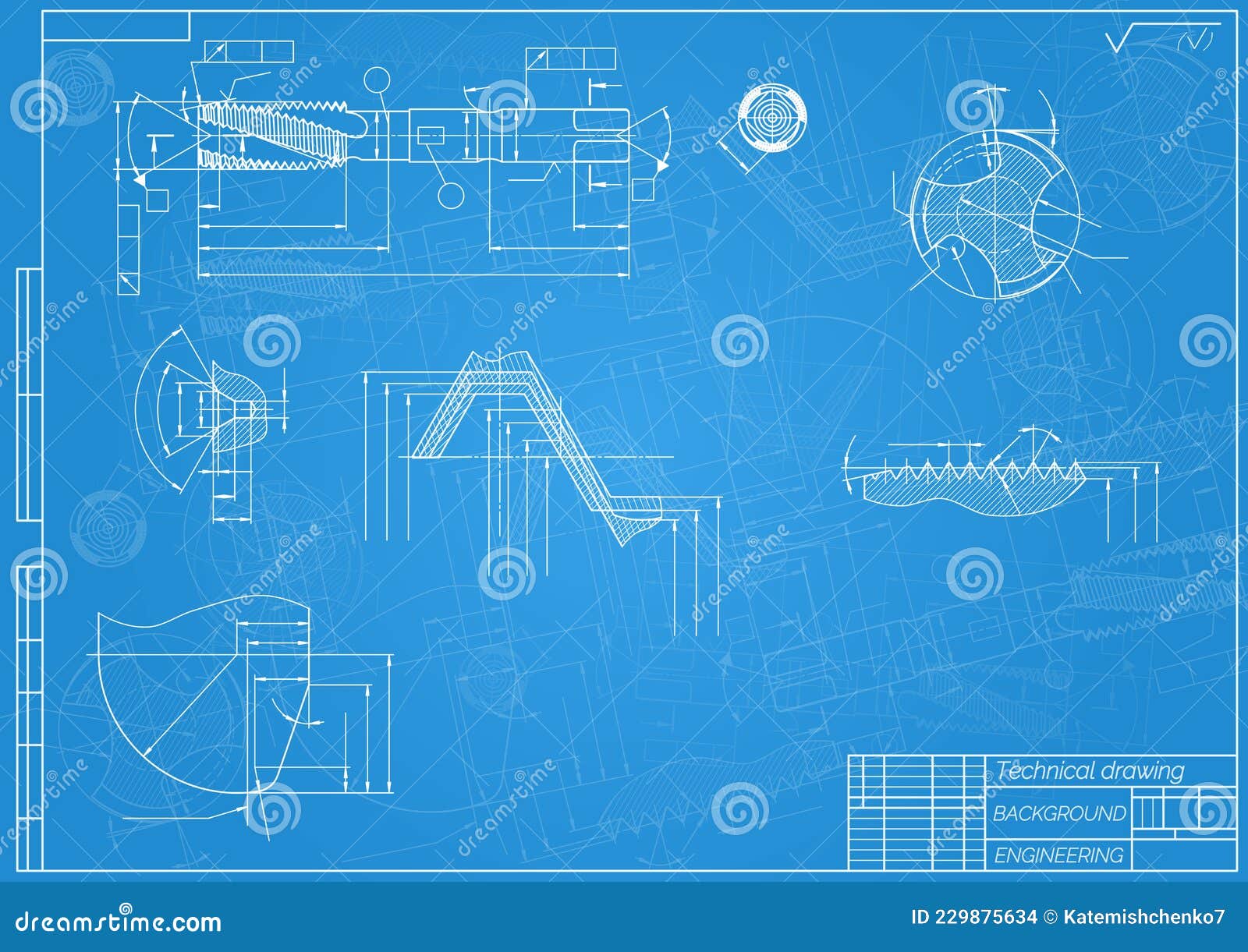 Mechanical Engineering Drawings On Blue Background Tap Tools Borer