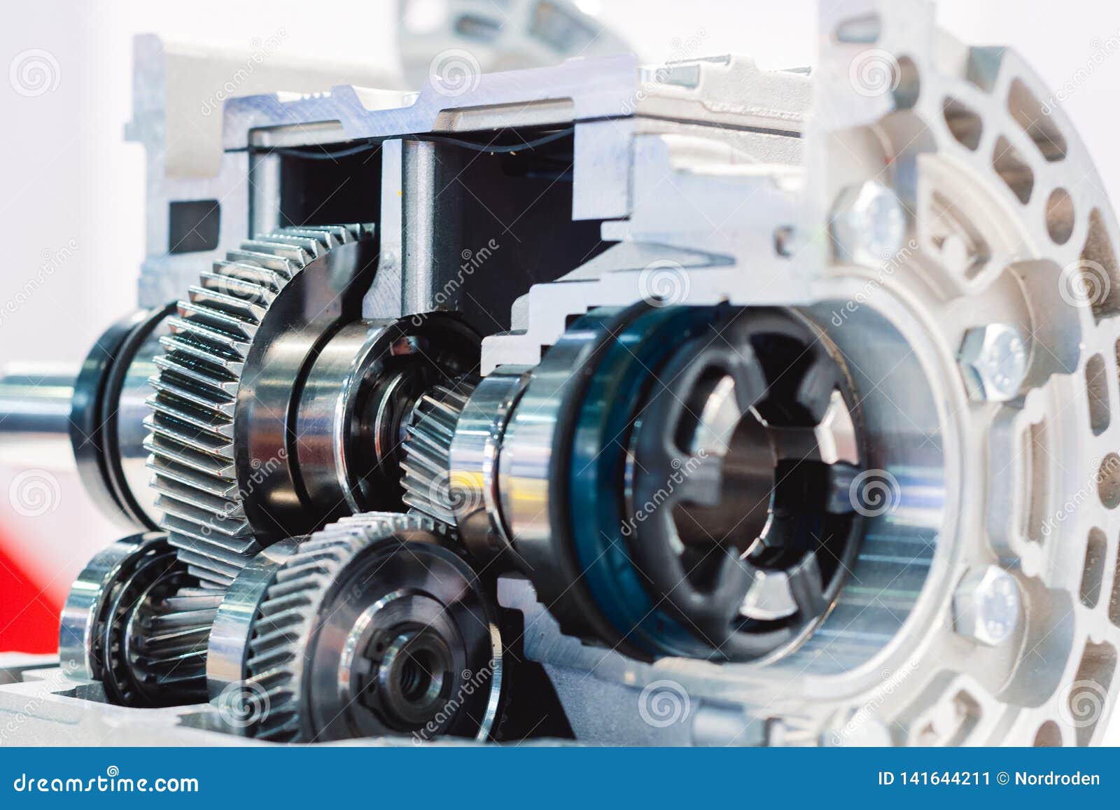 Mechanical Gearbox, Cross Section. Helical Gear. Closeup Stock Image