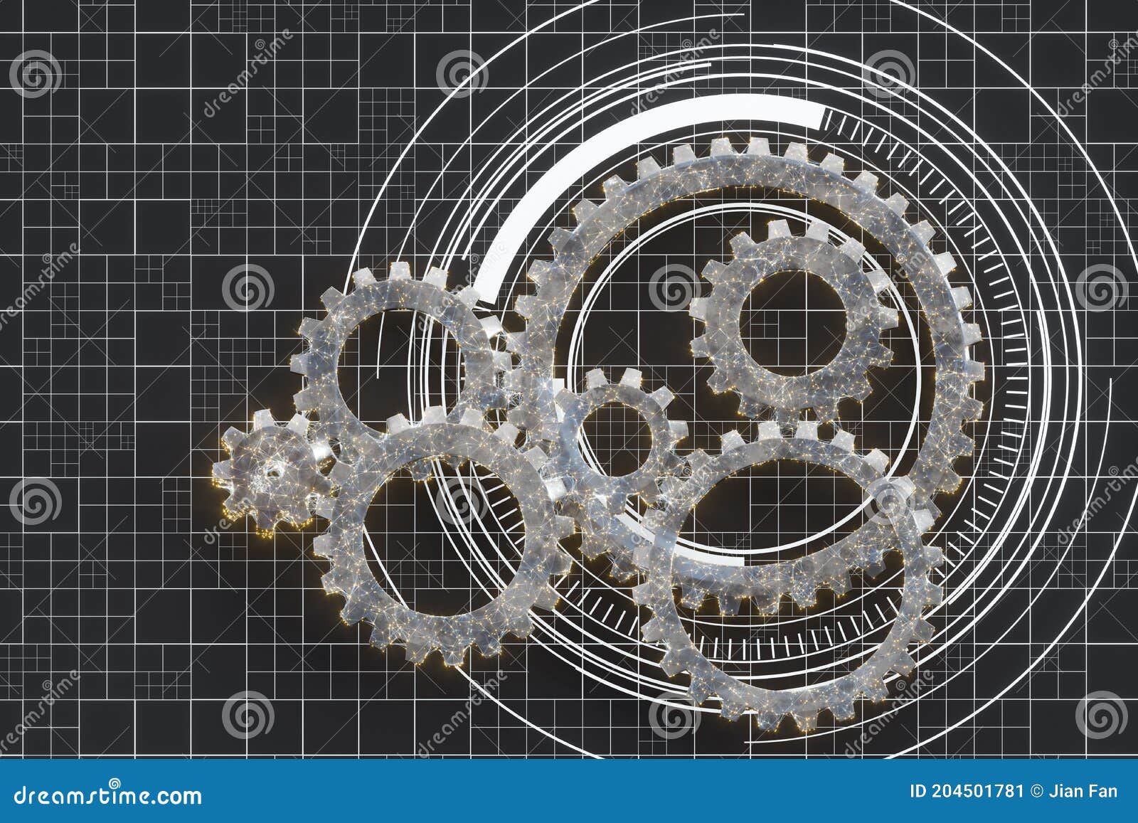 Mechanical Gears and Blueprint Lines, 3d Rendering Stock Illustration
