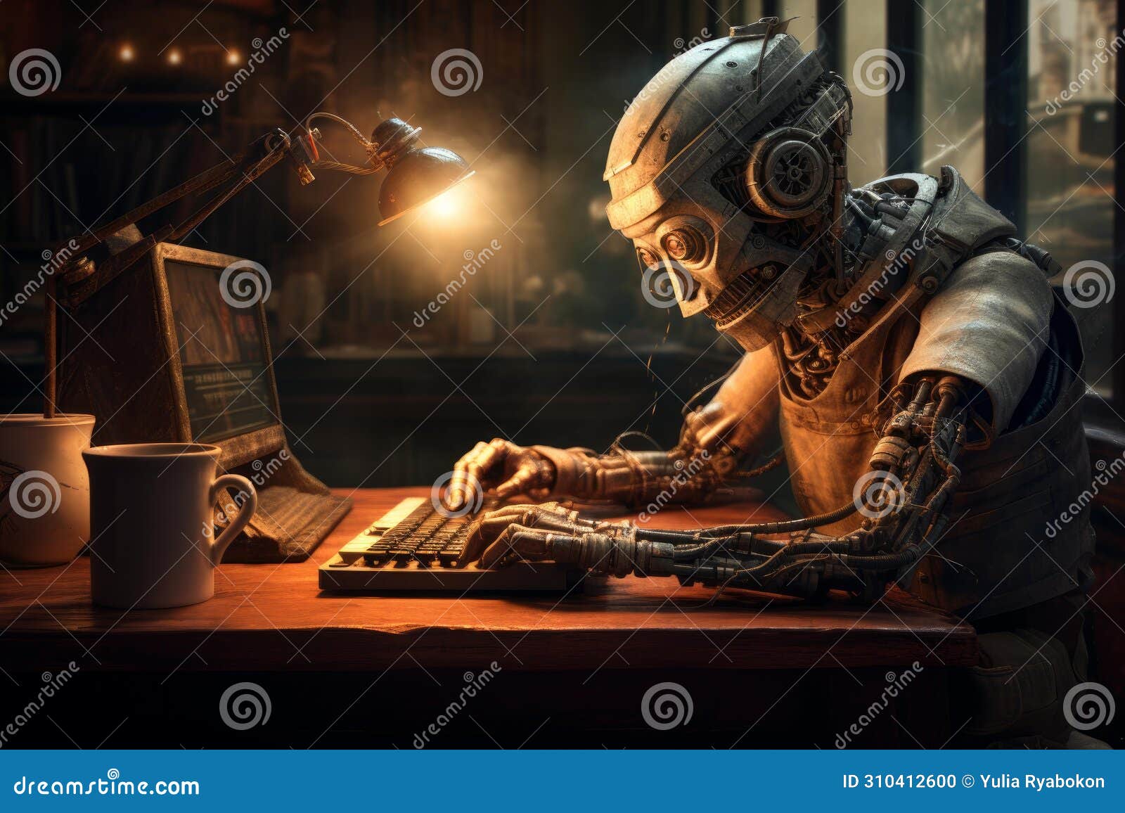 mechanical medieval robot redactor working at typewriter. generate ai