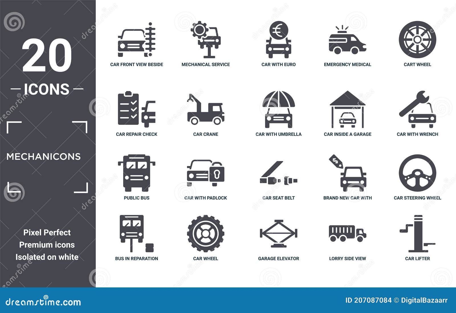 mechanicons icon set. include creative s as car front view beside a traffic meter, cart wheel, car inside a garage, car