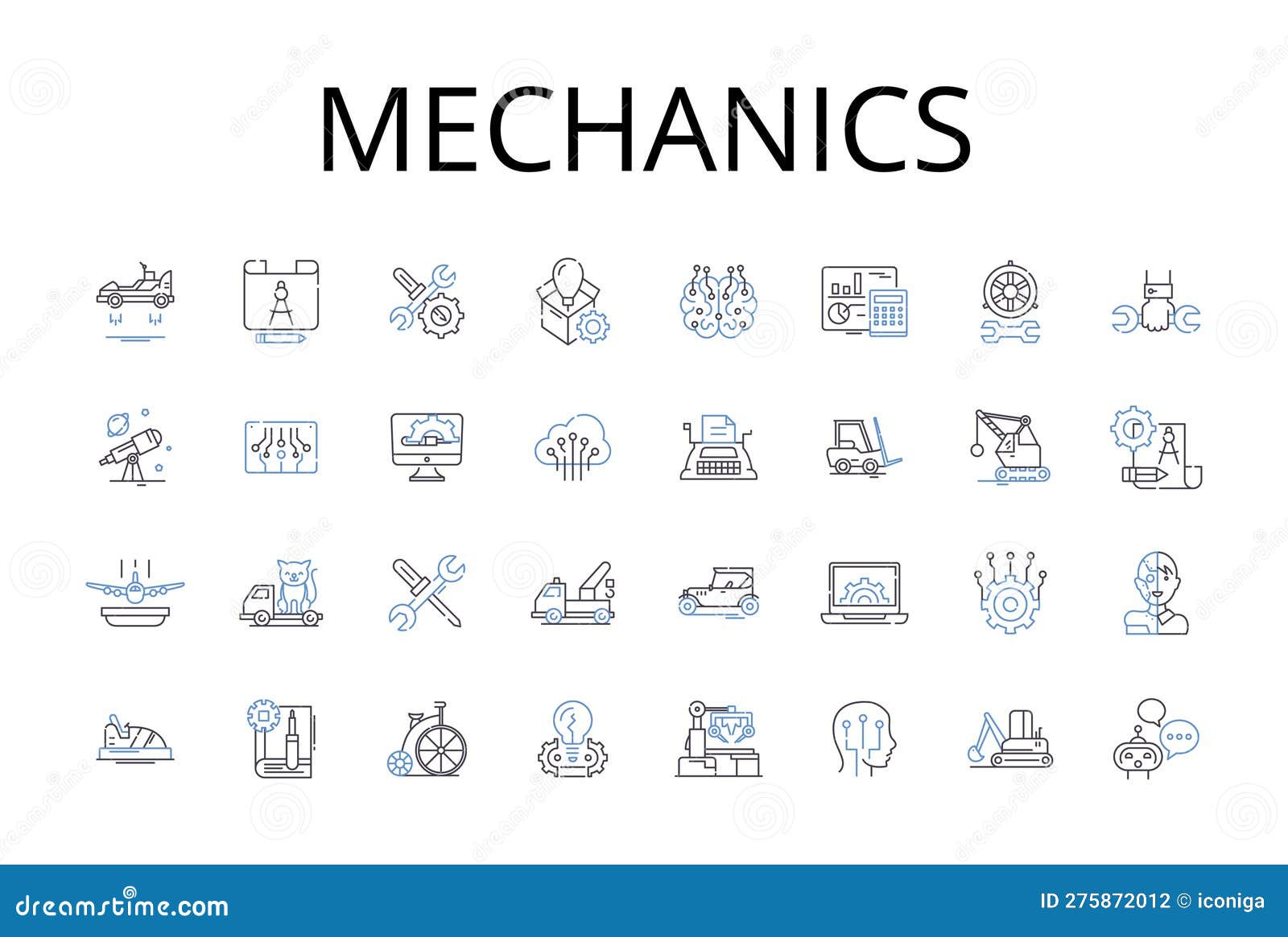 mechanics line icons collection. physics, dynamics, kinetics, motion, movement, force, energy  and linear