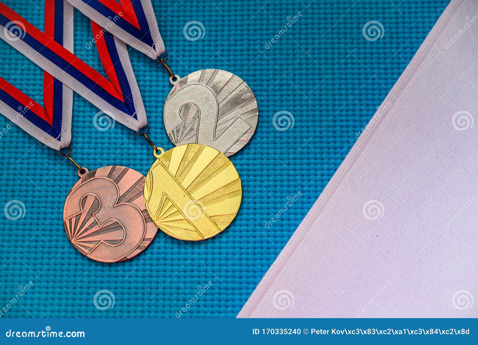 Medal Ceremony Concept Photo. Blue Background, White Edit Space Stock Photo  - Image of ceremony, gold: 170335240