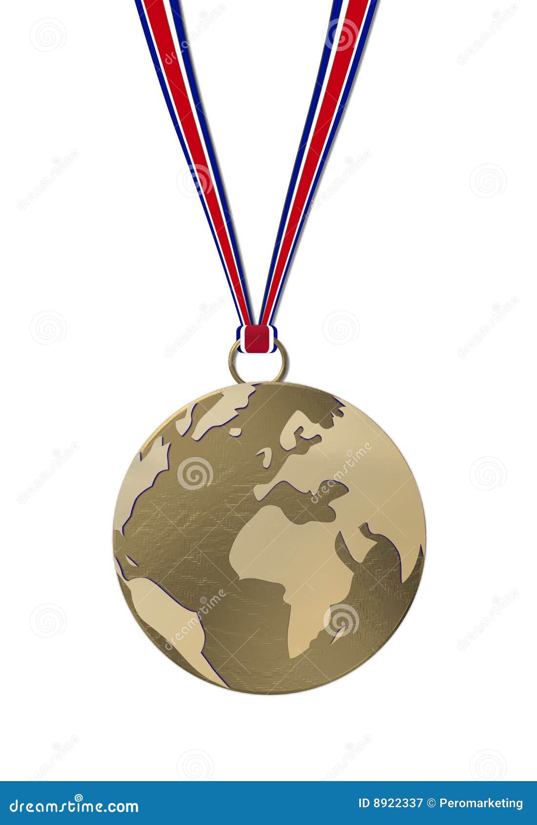 Medalla del mundo bajo la forma de reproducción de la tierra en tonos marrones, colgando en el extremo de cintas rojas, blancas y azules. Aislado en un fondo blanco.