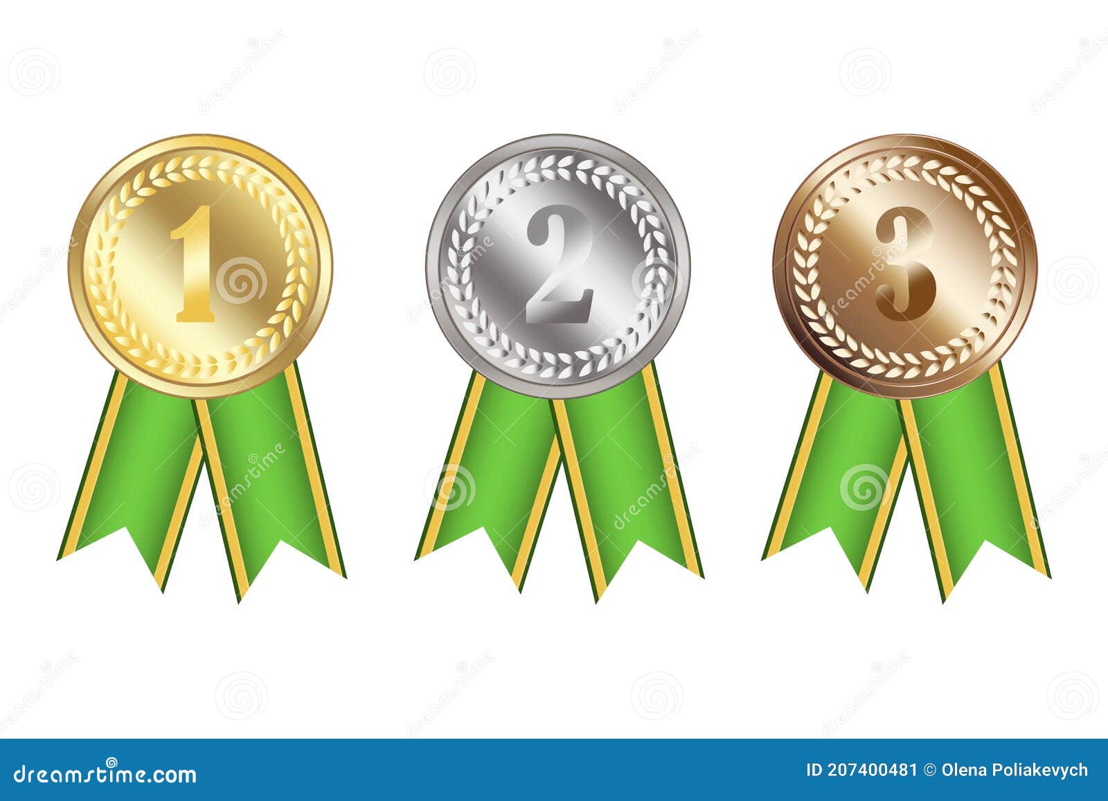 Medallas Con Cintas Verdes. Premios De Oro Y Plata Y Bronce. Medallas Con  Números Estampados. Imagen De Reserva Ilustración del Vector - Ilustración  de primero, gradiente: 207400481