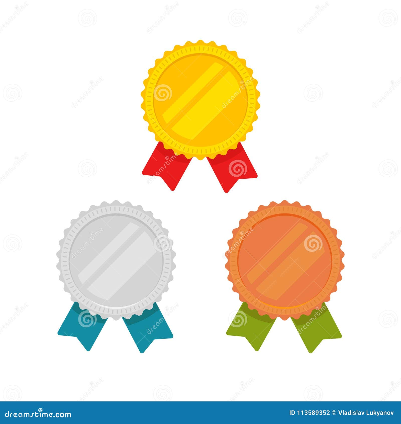 medals  set , flat cartoon gold, bronze and silver medal with red, green and blue ribbon, sport award