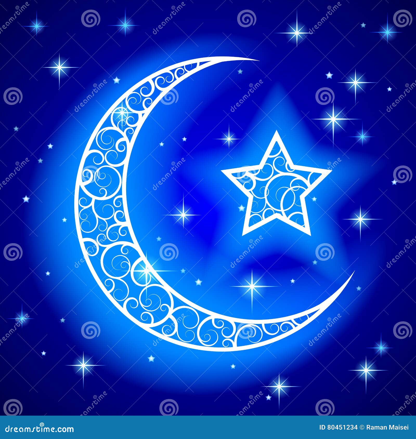 Media Luna Decorativa Brillante Con La Estrella En El Cielo Estrellado De  La Noche Azul Ilustración del Vector - Ilustración de noche, islam: 80451234