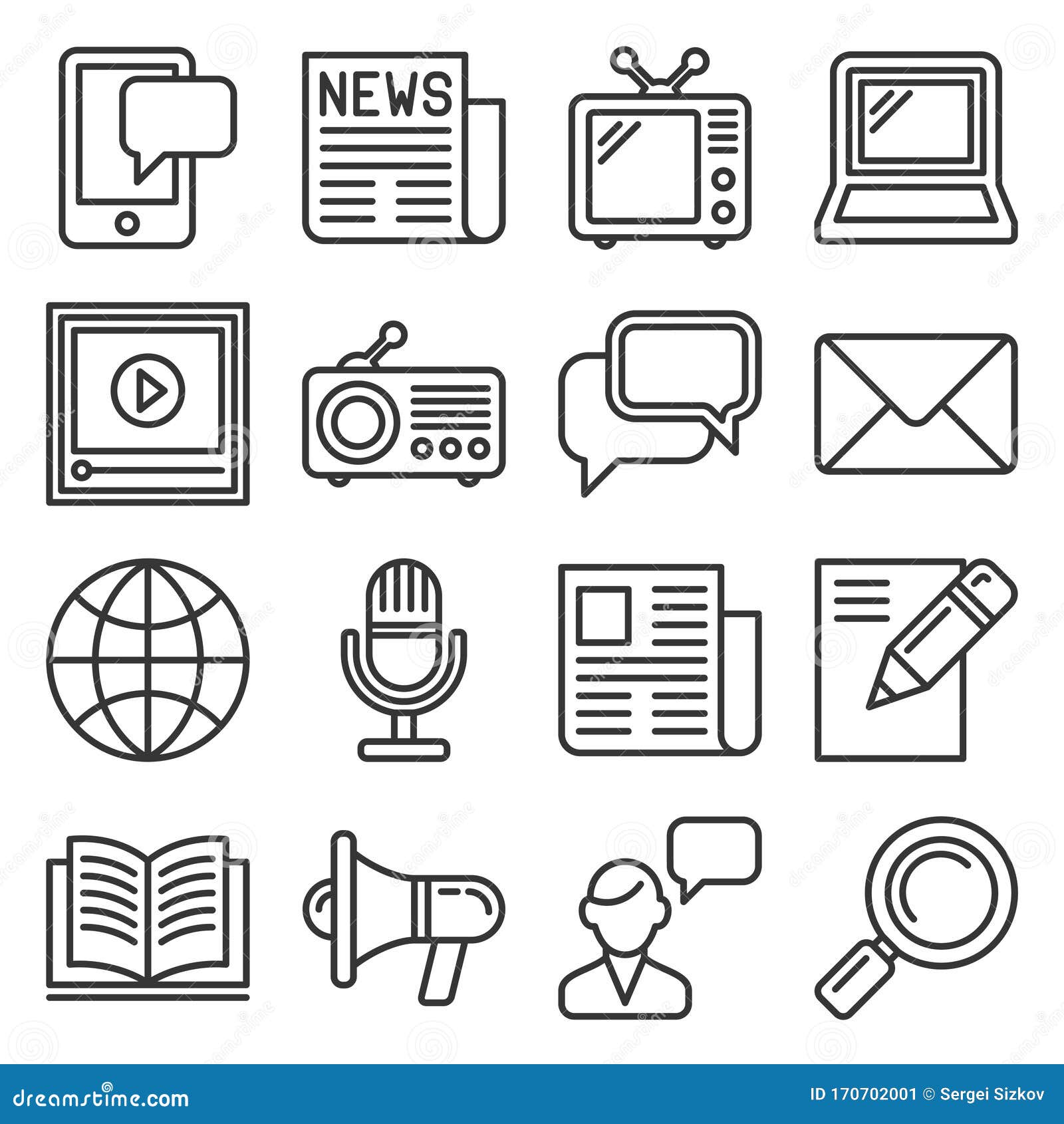 Media News Icon Set on White Background. Line Style Vector Stock Vector