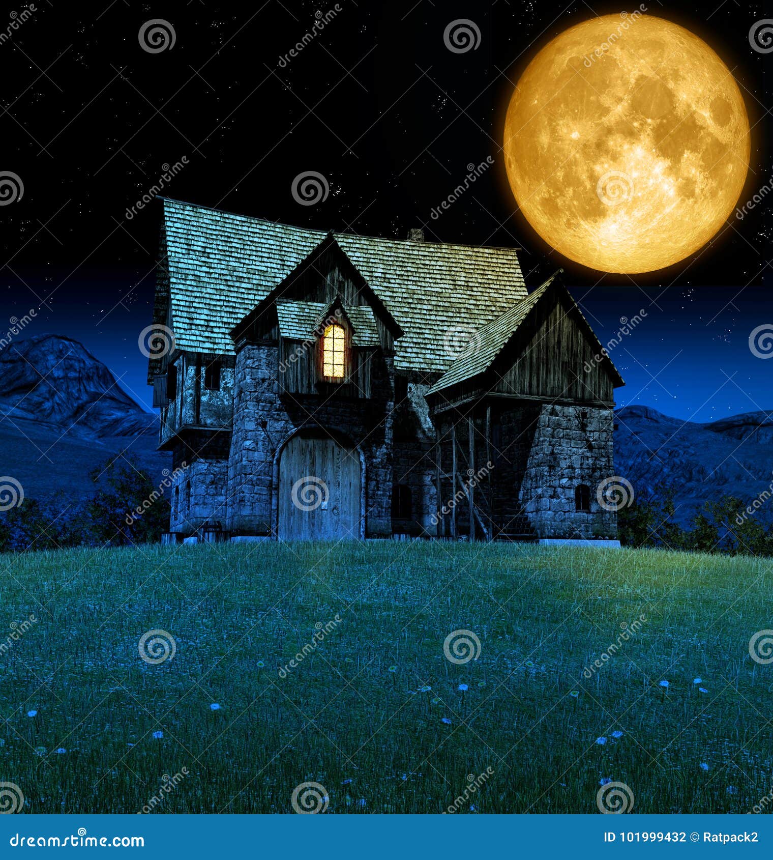 Mediaeval Fantasy Tavern in Moonlight Stock Photo - Image of mediaeval