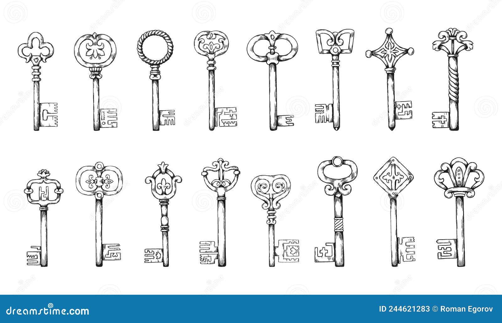 mediaeval keys. hand drawn antique sketch s. retro door opener types. lock access. home privacy and secure. old
