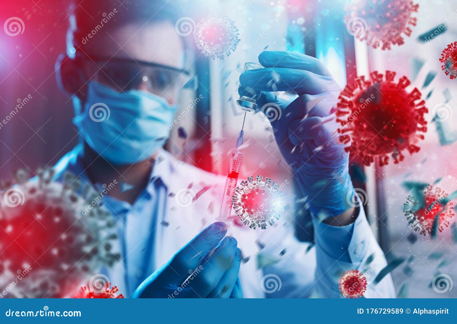 medic with mask works on a solution for covid 19 virus. concept of medical research