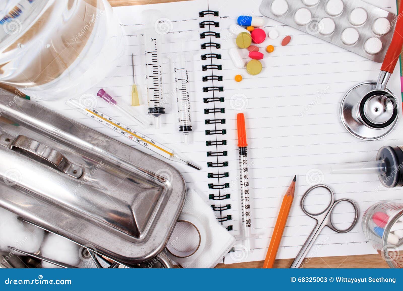 Medical Accessories with Blank Notebook. Stock Image Image of desk