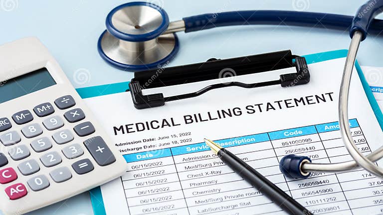 Medical Billing Statement with Doctor Stethoscope and Calculator Stock ...