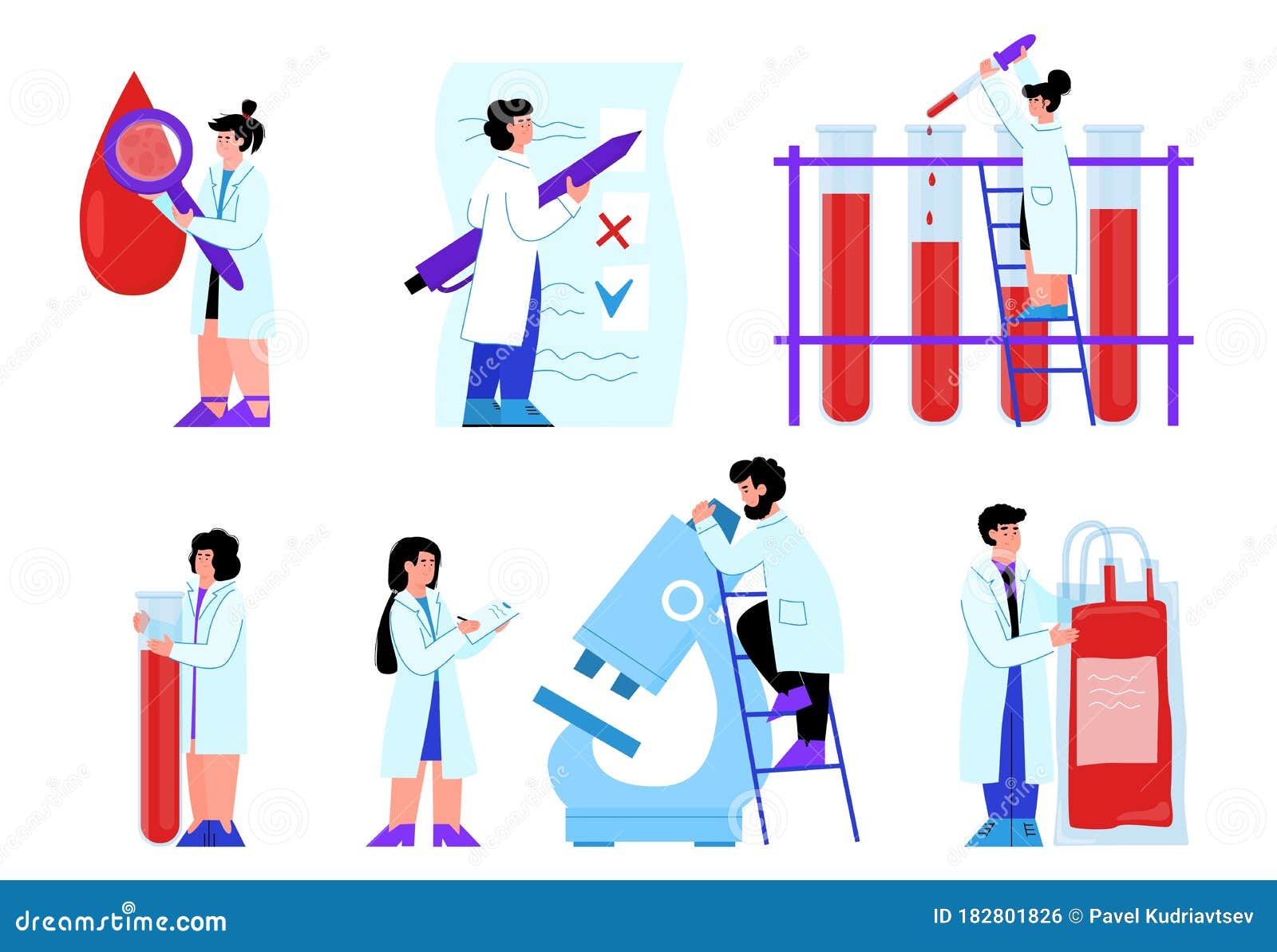Medical Blood Research Set with People Cartoon Vector Illustration  Isolated. Stock Vector - Illustration of character, icon: 182801826