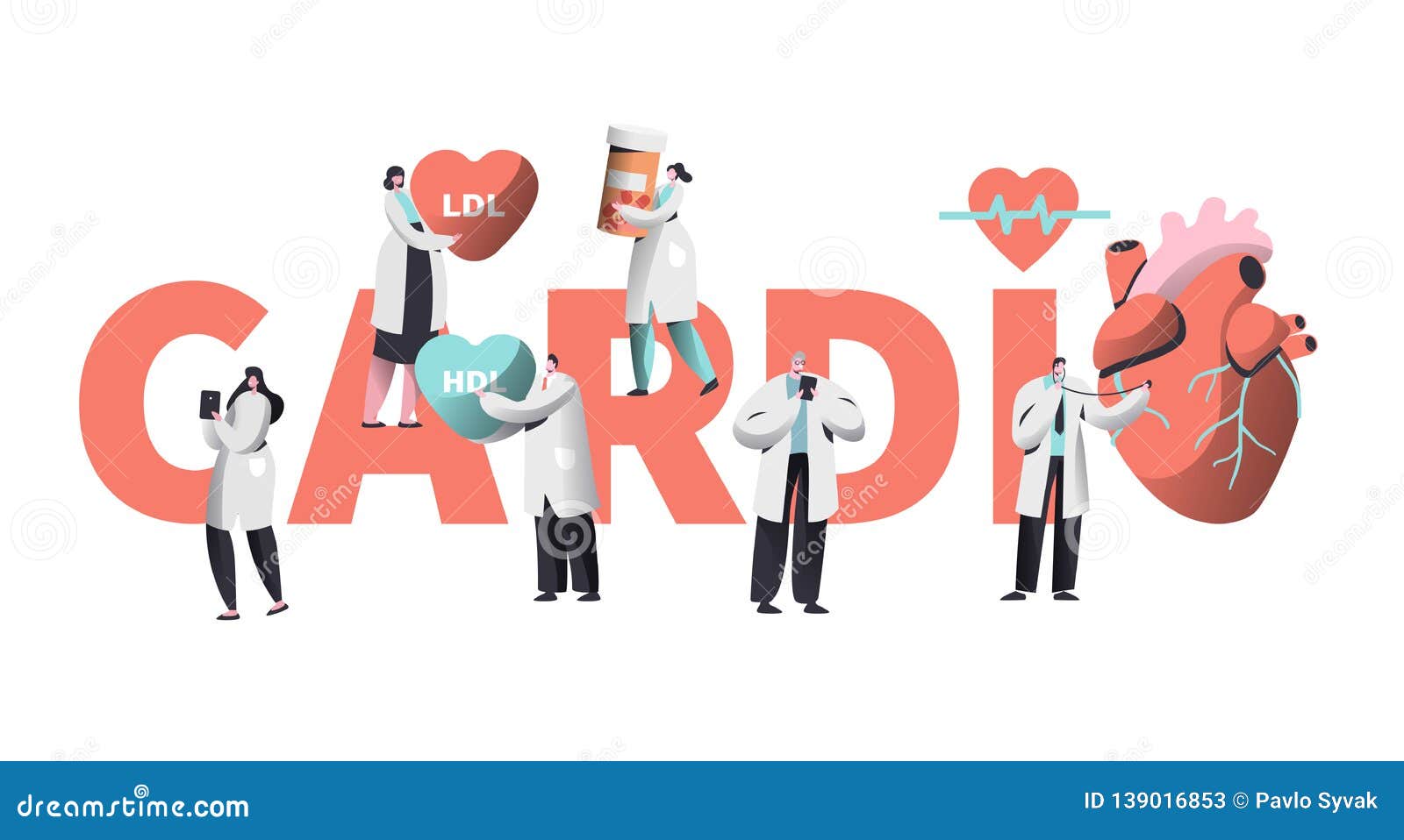 medical cardiology worker care heart health typography banner. team character for poster background. pill for treatment