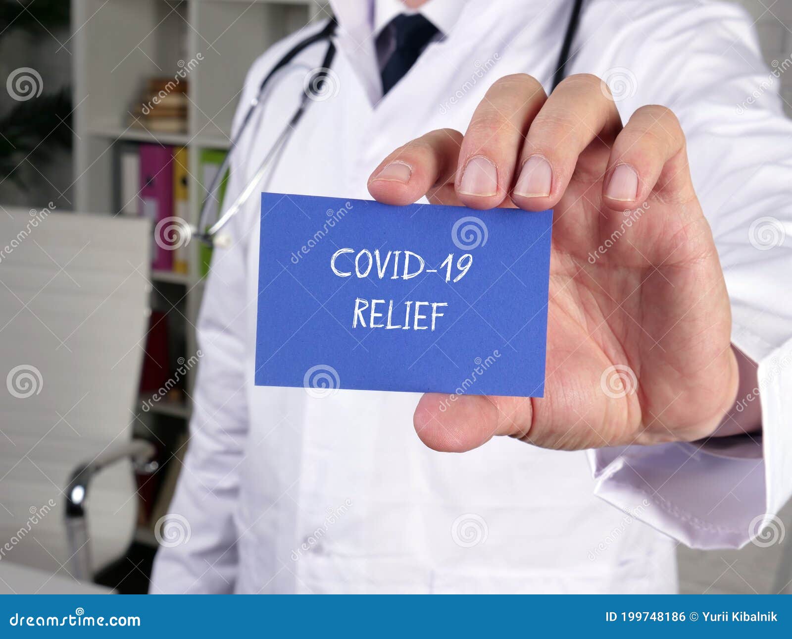 medical concept meaning covid-19 relief with sign on the sheet