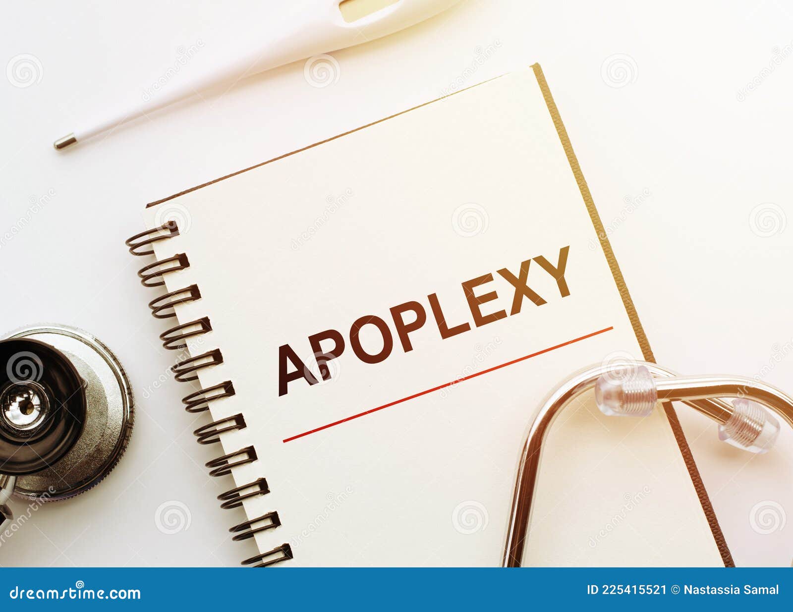 medical concept. notebook with word apoplexy on white desk with stethoscope and thermometer