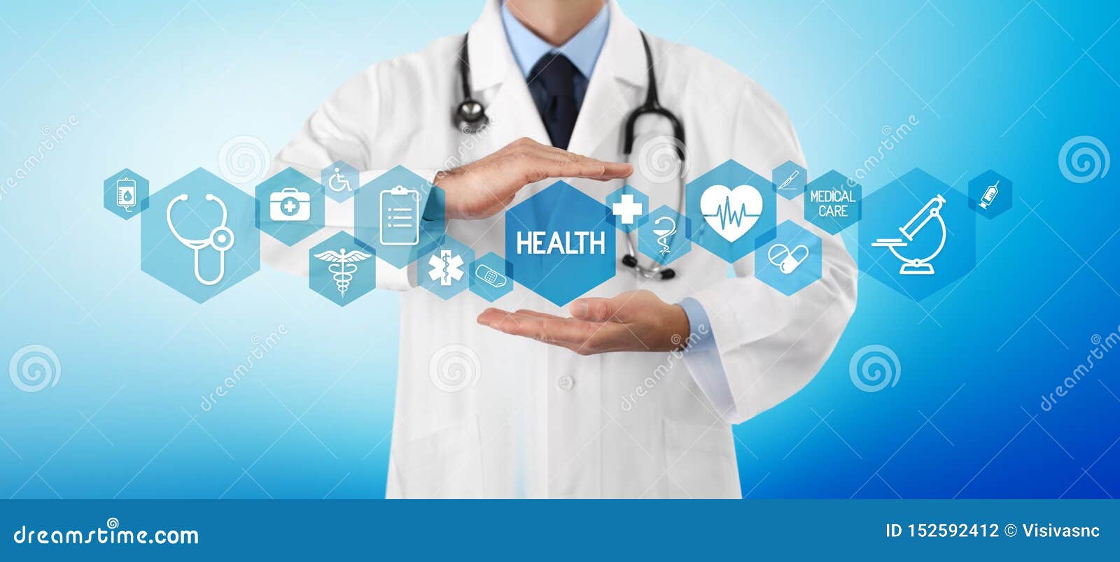 Medical Coverage Insurance Concept, Hands Doctor Covering Symbols and Icons  in Blue Background, Copy Space and Web Banner Template Stock Photo - Image  of banner, insurance: 152592412