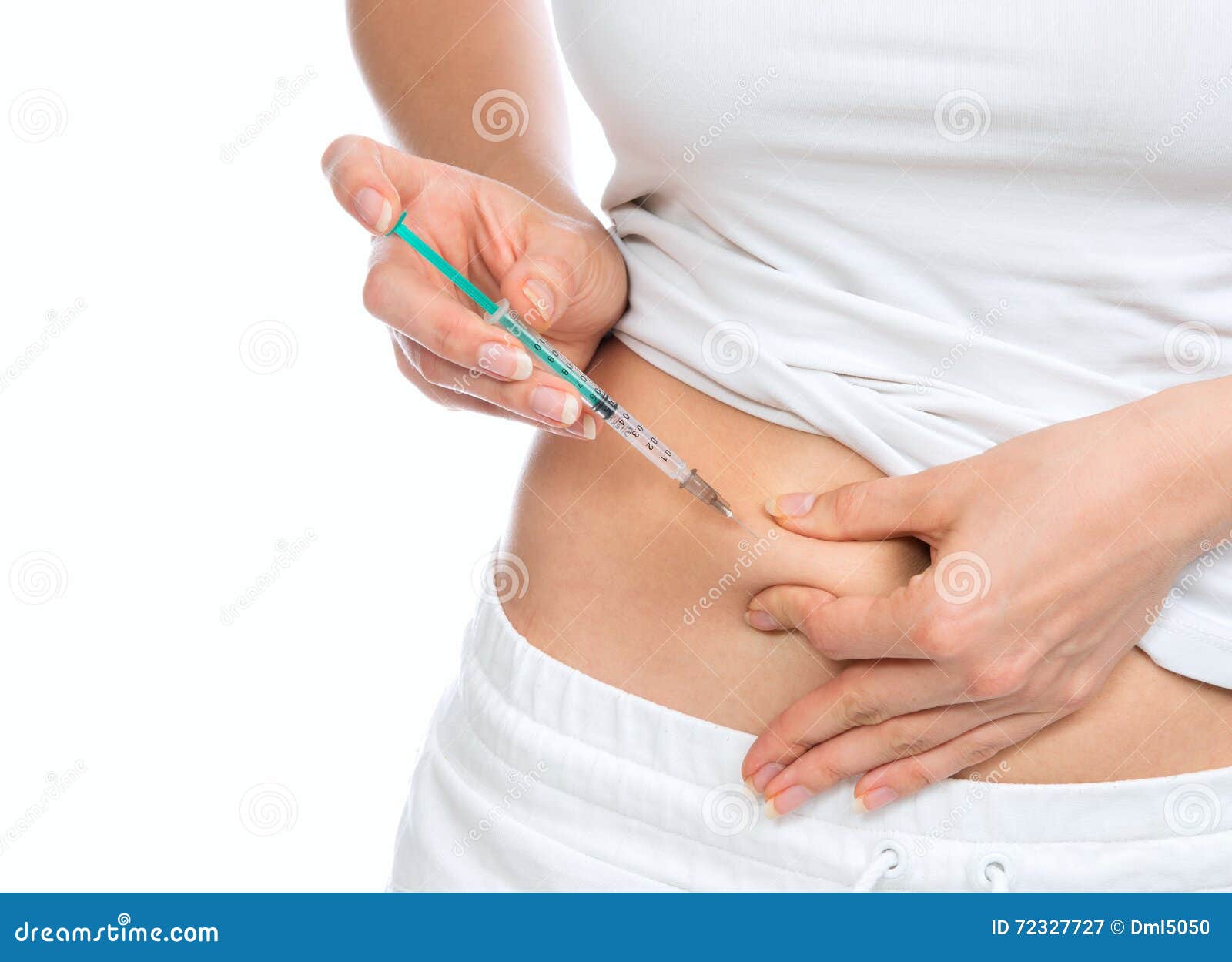 medical diabetes insulin syringe injection shot into abdomen wit