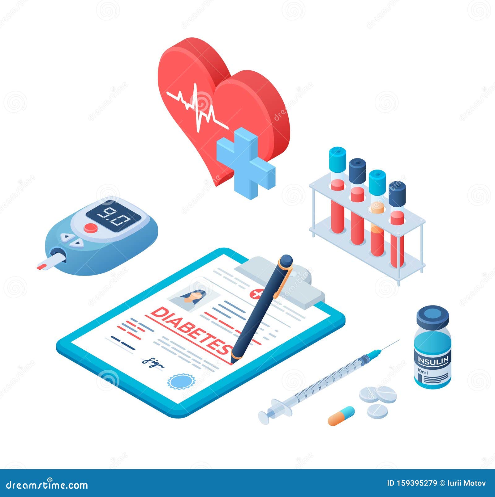 medical diagnosis - diabetes. diabetes mellitus type 2 and insulin production concept. blood glucose meter, pills, syringe and