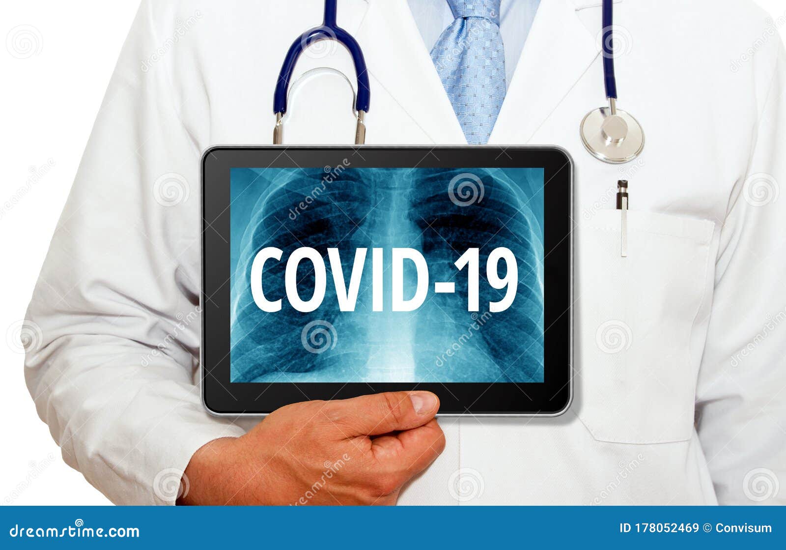 medical doctor or physician with covid-19 tablet pc