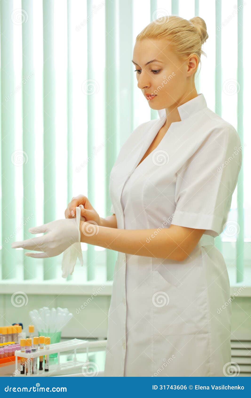 Medical Doctor Womanputs On Latex Gloves Stock Photo Image Of