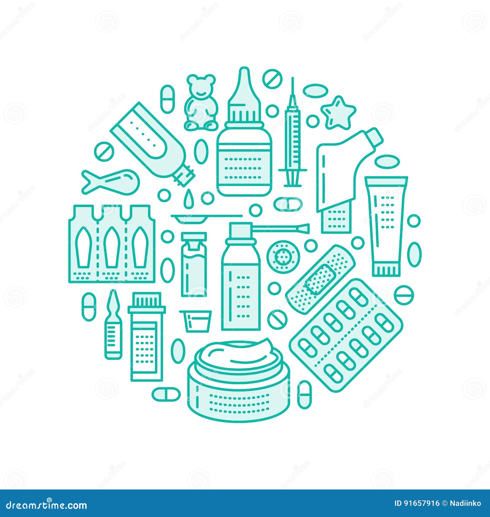 medical, drugstore poster template.  medicament line icons,  of dosage forms - tablet, capsules, pills